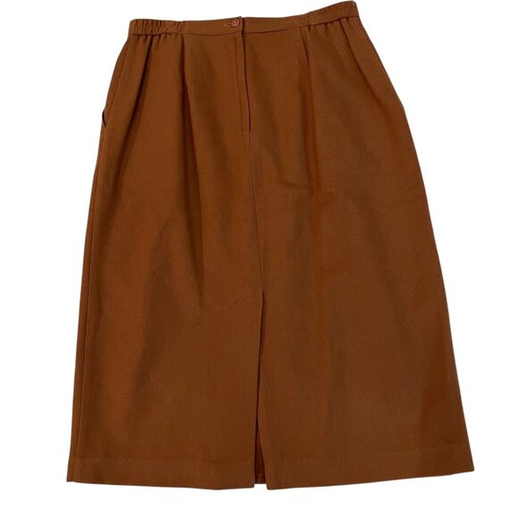 Vtg Kim Rogers A-Line Skirt Brown Wool Side Pockets Back Slit Midi High Waist - Picture 4 of 14